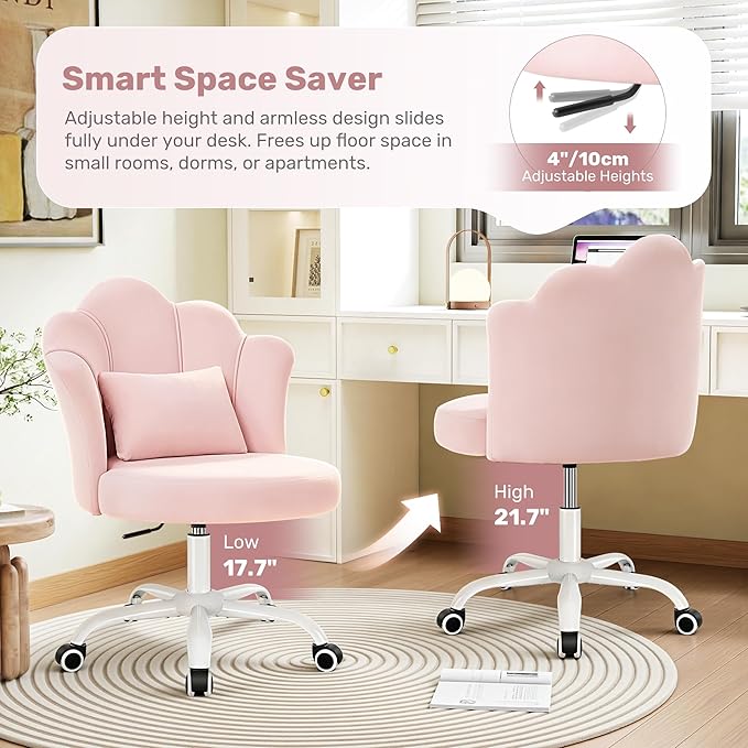 Petal Vanity Chair with Wheels, 3.15" Extra Thick Comfy Makeup Chair, Adjustable Modern Swivel Armless Desk Chair for Girls Women, Aesthetic Small Office Chair for Bedroom Dorm