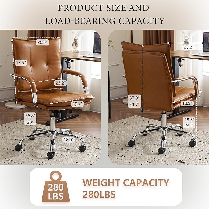 MOJAY Office Chair, Leather Desk Chair, Brown Desk Chair, Mid Century Modern Office Chair, Swivel Comfy Upholstered Wide Seat Chair with Gold Legs and Armrests for Home, Office (Camel&Silver)