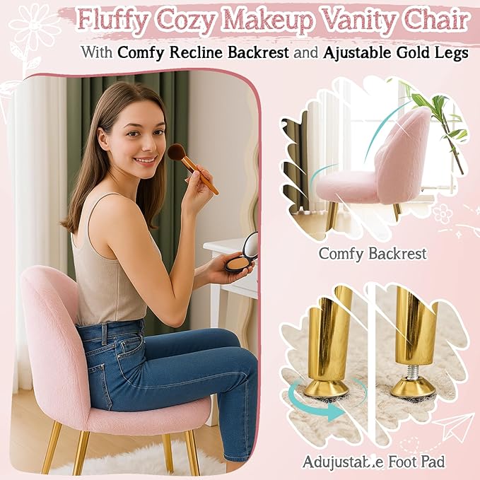 VINGLI Fluffy Girls Vanity Chair with Back & Pillow,Cute Small Cozy Desk Chair No Wheels,Comfy Makeup Ch with Ajustable Gold Legs,for Bedroom,Living Room,Small Space,Pink