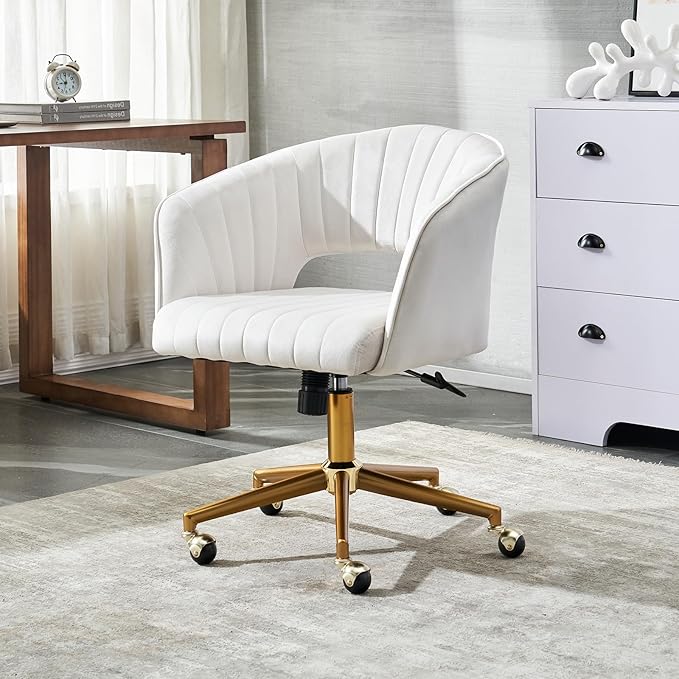 Kiztir Vanity Chair with Wheel, Modern Velvet Home Office Chair with Back, Criss Cross Armchair for Vanity, Living Room, Bedroom and Study (Beige)