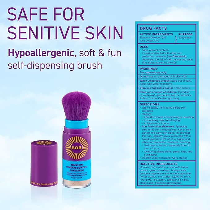 BOB KIDS SPF 50 Sun Spray + SPF 30 Brush On Powder Sunscreen, Mineral Sun Protection, Broad Spectrum, Water Resistant, Fragrance Free, Reef Friendly