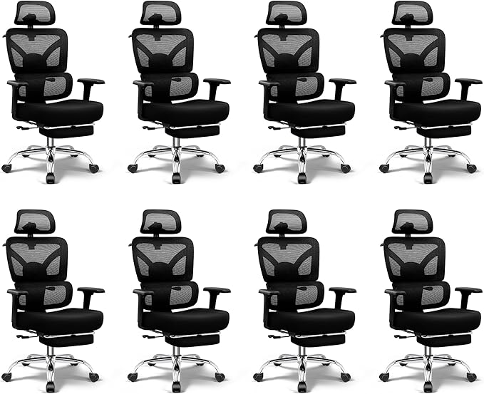 Ergonomic Office Chair with Footrest, Big and Tall Home Desk Chair, High Back Rolling Computer Chair with 3D Arms and Lumbar Support, Comfortable Gaming Chair, Black-8 Pack