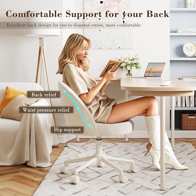 EnHomee Vanity Chair with Wheels, Small Office Chair with Back, Cute Armless Desk Chair for Makeup Room, Home Office,Bedroom, White