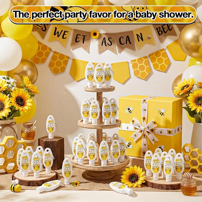 Leelosp 30 Pcs Mini Sunscreen with Carabiner Bulk Travel Size 1 Fl oz Water Resistant Spf 30 Sunblock Lotion Party Favors for Guests Bee Baby Shower Honeycomb Sweet As Can Bee Gender Reveal Gifts