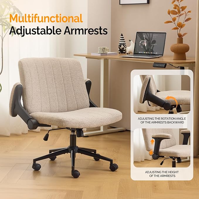 VINGLI Criss Cross Chair with Adjustable Flip-Up Arms,Cross Legged Chair with Wheels,Extra Wide Office Chair,Desk Chair for Home Office,Vanity,Bedroom, Apartment,Starry Chenille,Khaki