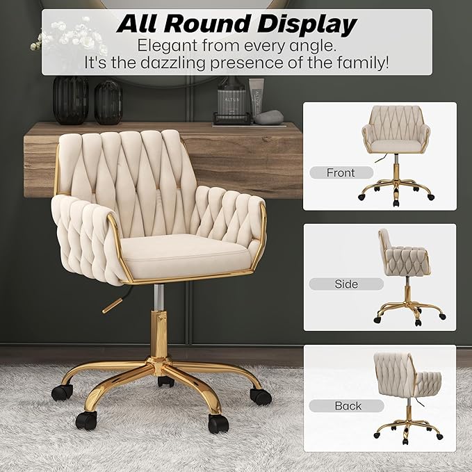 Woven 360°Swivel Desk Chair, Velvet Height Adjustable Home Office Armchair with Golden Base for Teens Women Girls, Upholstery Computer Chair for Home Studios and Office, Woven & Beige