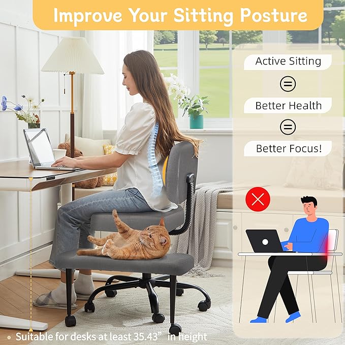 Criss Cross Legged Office Chair with Wheels,Swivel Meditation Chair for ADHD,Ergonomic Desk Chair with Thicken Adjustable Footstool,Fabric Sitting Fidgeting Kneeling Chair for Home Yoga Grey