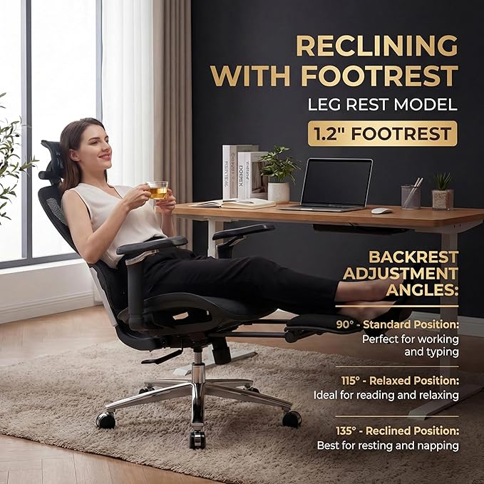 Ergonomic Office Chair with Footrest & Massage Lumbar Support – Adjustable Seat Depth & Back Height Reclining Big and Tall 400LBS Mesh Chair, 4D Headrest & 6D Armrests, for Home Office/Gaming (Black)