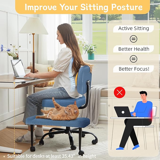 Criss Cross Legged Office Chair with Wheels,Swivel Meditation Chair for ADHD,Ergonomic Desk Chair with Thicken Adjustable Footstool,Fabric Sitting Fidgeting Kneeling Chair for Home Yoga Blue