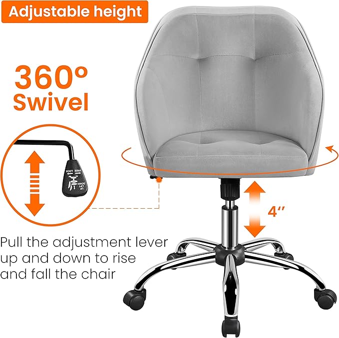 Yaheetech Velvet Desk Vanity Chair with Wheels Back Cute Small Swivel Comfy Computer Chair with Adjustable Height Tilt Angle Upholstered Accent Armchair for Bedroom Light Gray