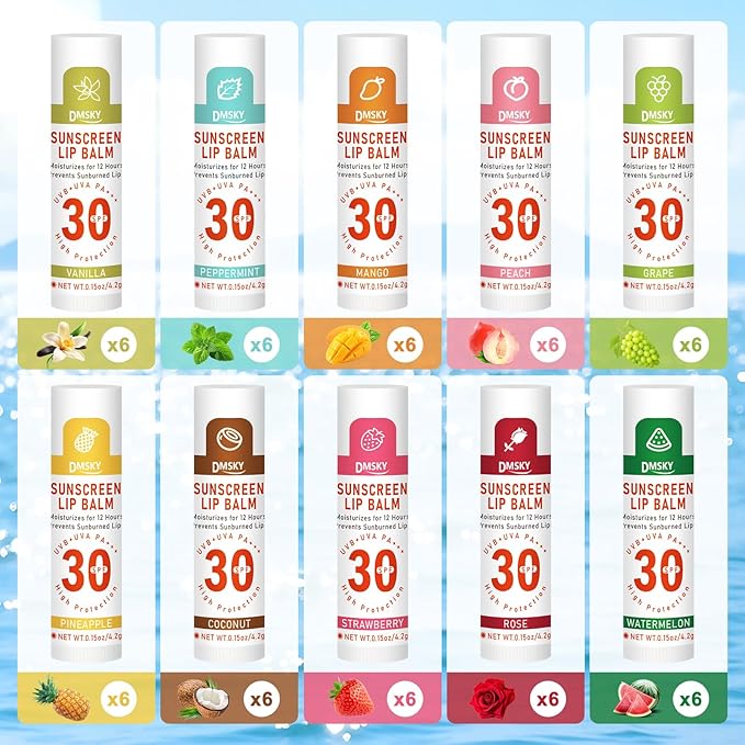DMSKY SPF 30 Sunscreen Lip Balm, Lip Sunscreen Travel Size 60 Pack, Clear No White Cast Sun Protection Lip Care with Vitamin E, Broad Spectrum SPF Lip Balm 10 Flavors