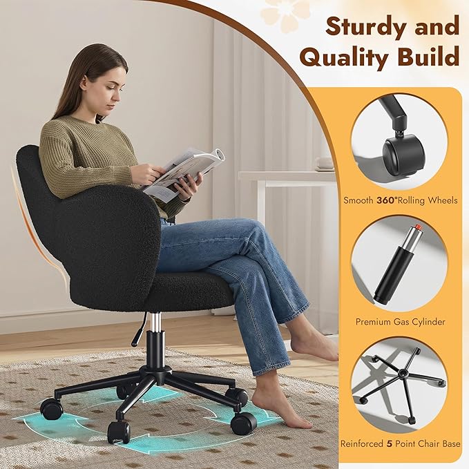 Petal Vanity Chair, Black Vanity Chair with Wheels & Lumbar Support, Height Adjustable, Velvet Cute Desk Chair for Study, Makeup & Relaxation