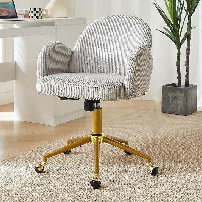 Home Office Chair with Petal Backrest, Corduroy Upholstered Desk Chair with Adjustable Swivel Wheels, Ergonomic Chairs for Living Room, Bedroom, Office, Study, Flower Cute Girls Vanity Chair (Grey)
