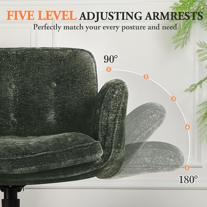 Criss Cross Chair with Wheels & Arms, Chenille Cross Legged Office Chair with 5-level Folding Armrest, Comfortable Adjustable Swivel Vanity Chair for Home, Make Up, Bed Room, Office, Accent (Green)