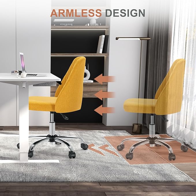 DUMOS Office Chair, Comfy Desk Chair Rolling Vanity Swivel Task Chairs with Wheels, Wide Seating Armless Height Adjustable Computer Chairs for Home,Bedroom,Student,Adults, Dark Yellow