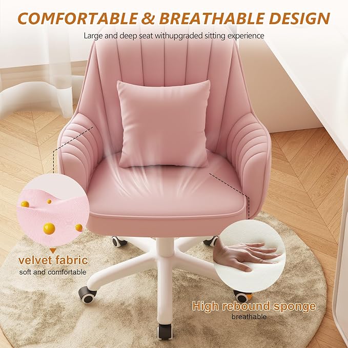 Home Office Chair Velvet Vanity Chairs Makeup Desk Chair with Wheels Mid Back Computer Chairs Height Adjustable Swivel Rolling Task Chair for Living Room, Bedroom, Office
