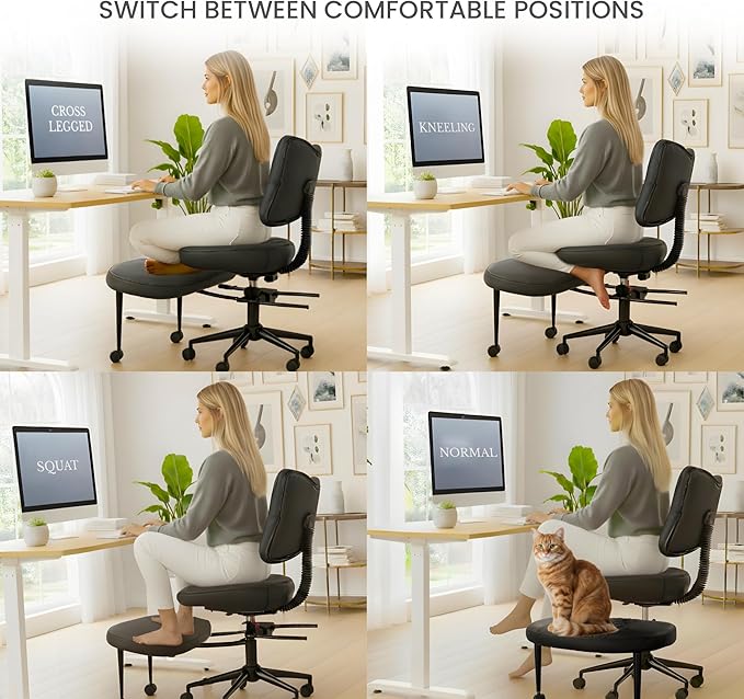 Cross Legged Office Chair Meditation ADHD Yoga Chair for Adults with Ergonomic Back Support Cushioned Seat and Leg Rest for Criss Cross Sitting Kneeling Fidgeting Height Adjustable 360° Swivel