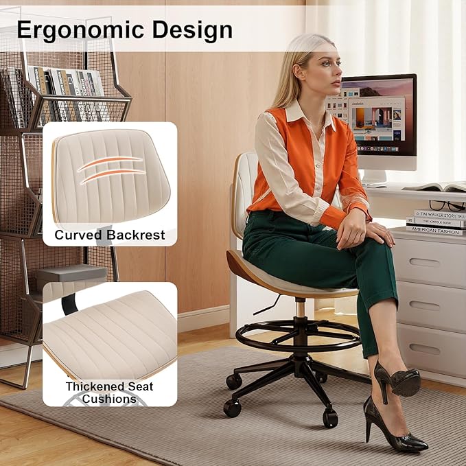 Drafting Chair, Ergonomic Office Chair with Walnut Wood Back Support, Armless PU Leather Desk Chair with Height-Adjustable, Thick Cushion for Home, Bar, Drafting, Office (Beige)