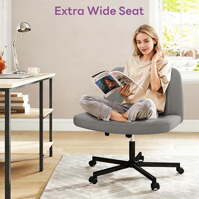 Criss Cross Chair, Extra Wide Armless Rolling Office Desk Chair with Wheels, Plus Size Viral Vanity Legged Chair, Bedroom, Grey