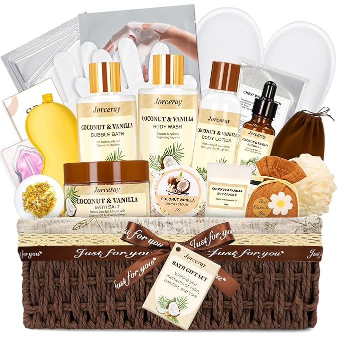 22PCS Spa Gift Baskets for Women, Luxury Bath and Body Gift Basket Set for Women Coconut Vanilla Spa Kit Relaxing Spa Self Care Gift for Her Wife Lover Mom Sister Friend