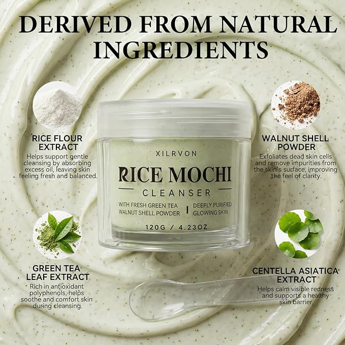 Rice Mochi Face Cleanser, All in One for Face Wash & Mask, Deep Cleansing Moisturizing, Blackhead Remover, Sebum Control, with Rice Water, Green Tea & Walnut Shell Powder, 4.23 OZ