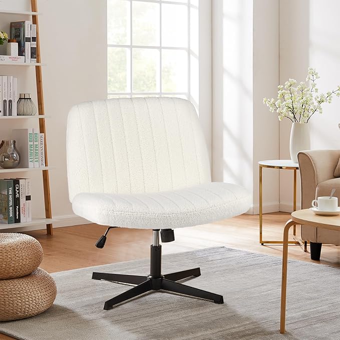 Sweetcrispy Criss Cross Chair Legged, Armless Office Wide Desk Chair No Wheels, Swivel Vanity Height Adjustable Fabric Modern Computer Task Seating for Home - Teddy Beige