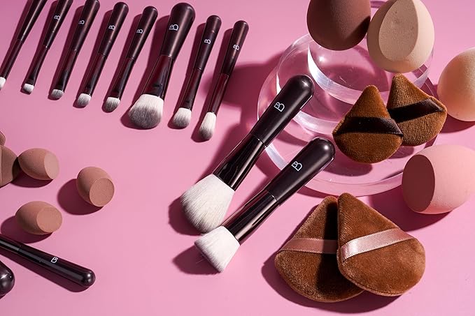 BS-MALL 12 Pcs Professional Travel Makeup Brush Set With Makeup Sponges - Includes Foundation Brush, Powder Puff, Finger Sponges & Triangle Puffs For Soft Daily Use