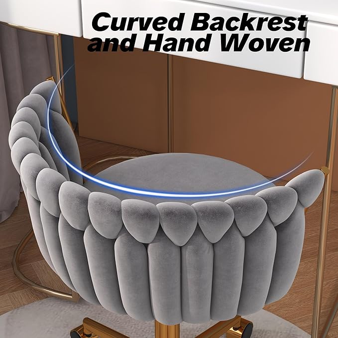 Velvet Woven Home Office Chair, Modern Swivel Desk Chair with Wheels, Height Adjustable Vanity Chair with Gold Metal Base and Hand Weaving Back for Bedroom Study Small Space, Gray