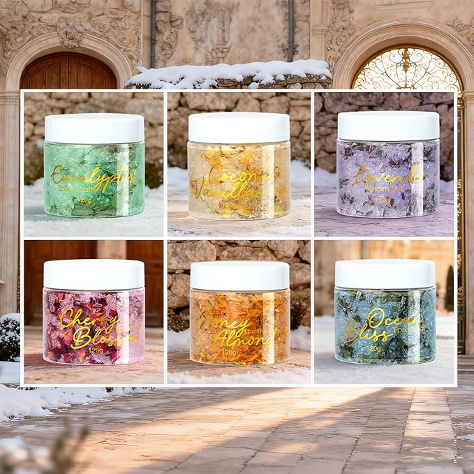 Mothers Day Gifts for Women - 9-Piece Floral Epsom Salt Gift Set for Women with 6 x 120g Epsom Salt, Bath and Body Gift Set in Elegant Box | Christmas, Valentines Day, Birthday Gifts for Men