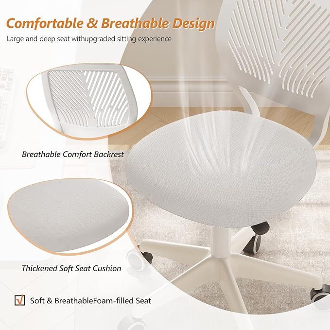 Armless Desk Chair, Height Adjustable Swivel Office Rolling Task Chairs with Soft Mesh Padded Cushion, Ergonomic Small Study Computer Chair for Girls Boys Teens (White, 2PCS)