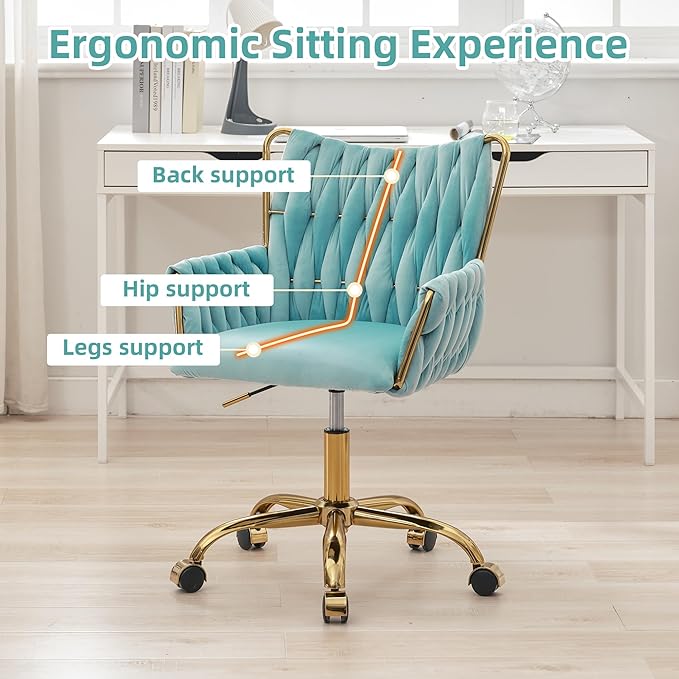 ABET Velvet Desk Chair with Wheels, Cute Upholstered Swivel Office Chair, Modern Gold Rolling Hand Woven Height Adjustable Armchair for Women Girls Home Makeup, Vanity, Nail Salon, Light Blue