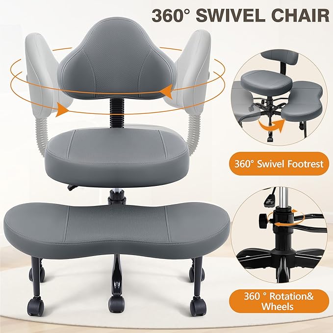 Cross Legged Office Chair, Criss Cross Desk Chair ADHD Meditation Kneeling Yoga Seat with Adjustable Height, Lumbar Support, Wider Footrest and Wheels (Dark Gray)