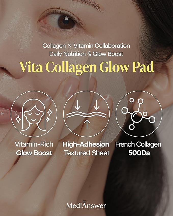 Vita Collagen Glow Pad - Korean Toner Pads with 500Da Collagen 79% + 50,000ppm Niacinamide & 5 Peptides, Retinol & Vitamin C, Swipe or Mini Mask, 80 Pads