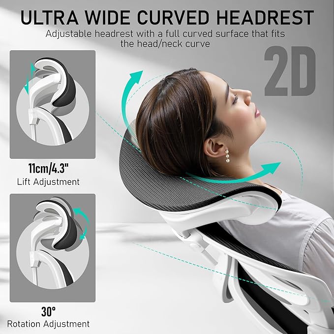High Back Ergonomic Office Chair, Breathable Mesh Desk Chair with Lumbar Support, Adjustable Headrest, Flip-up Armrests, Computer Gaming Chair, (White, 1Pack)