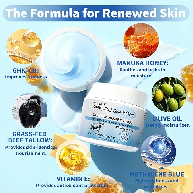 Copper Peptides GHK-Cu Whipped Beef Tallow for Skin, Grass Fed Beef Tallow and Honey Balm for Face & Body, with Methylene Blue Anti-Aging Moisturizer, Suitable for All Skin Types, 2 Oz