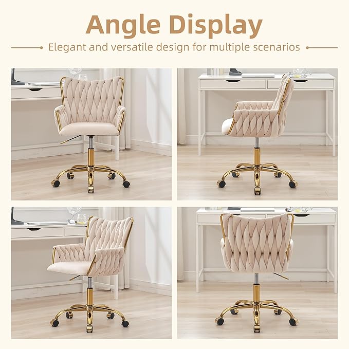 ABET Velvet Desk Chair with Wheels, Cute Upholstered Swivel Office Chair, Modern Gold Rolling Hand Woven Height Adjustable Armchair for Women Girls Home Makeup, Vanity, Nail Salon, Beige