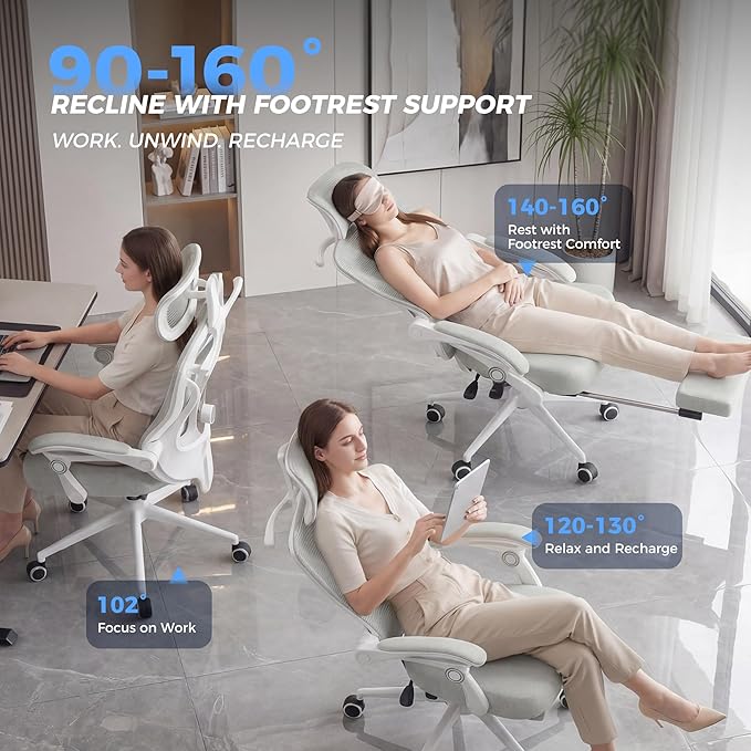 Ergonomic Office Chair with Footrest - Adjustable Lumbar Support & Headrest, 90-160° Reclining Mesh Back Computer Chair - Home Office/Gaming, 350lbs Capacity