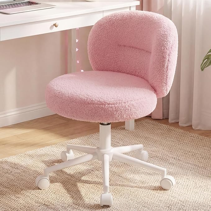 Small Round Vanity Chair, Armless Home Office Desk Chairs with Back, Height Adjustable & 360° Swivel, Cute Comfy Vanity Computer Chair for Bedroom, Home Office, Pink