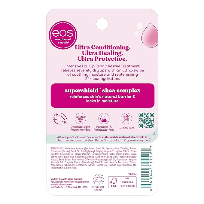 eos The Hero Lip Repair,24HR Moisture for Severely Dry Lips,Natural Strawberry Extract,Hypoallergenic Moisturizing Lip Balm,0.14 oz,(Pack of 4)