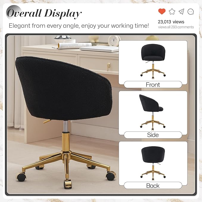 KCC Faux Fur Office Desk Chair, Comfy Fluffy Swivel Modern Leisure Armchair with Wheels, Upholstered Comfy Fuzzy Vanity Makeup Chair Height Adjustable for Teens Women Girls Elegant Home Office