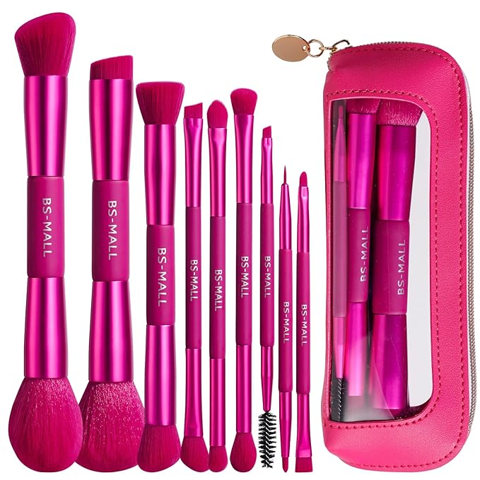 BS-MALL Double-ended Makeup Brush Set With Concealer Brush & Foundation Brush, Eyeshadow Brush- Travel-friendly Multi-purpose Brushes In Makeup Bag For Daily Use (9 PCS Hot Pink)