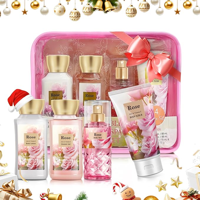 Rose Bath and Body Gift Set, 4-Piece Personal Care Collection, Shower Gel, Body Lotion, Body Mist, Exfoliating Scrub,Personal Portable Body Care Travel Set