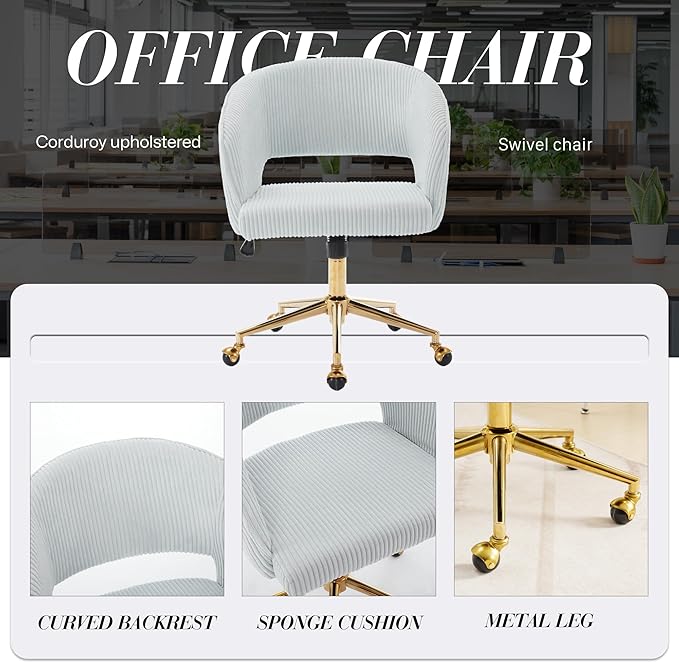 Home Office Chair Swivel Corduroy Fabric Desk Chair Accent Armchair Upholstered Tufted Chairs with Gold Base for Girls Women Ergonomic Study Seat Computer Task Stools for Living Room(Light Blue)