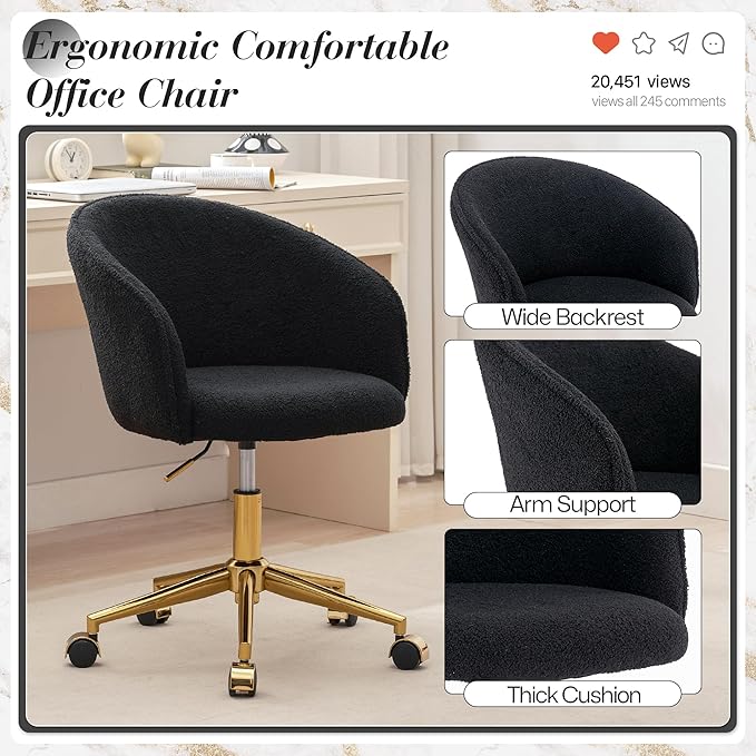 KCC Faux Fur Office Desk Chair, Comfy Fluffy Swivel Modern Leisure Armchair with Wheels, Upholstered Comfy Fuzzy Vanity Makeup Chair Height Adjustable for Teens Women Girls Elegant Home Office