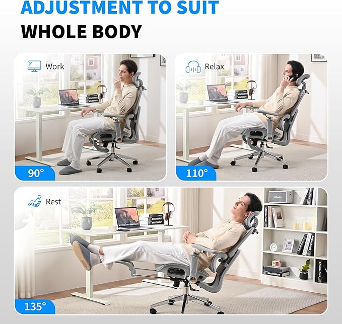 Mesh Ergonomic Office Chair with 6D Armrests,High Back Mesh Gaming Chair with Lumbar Support,Adjustable 3D Headrest for Home Office Desk Chair (Executive, Grey)