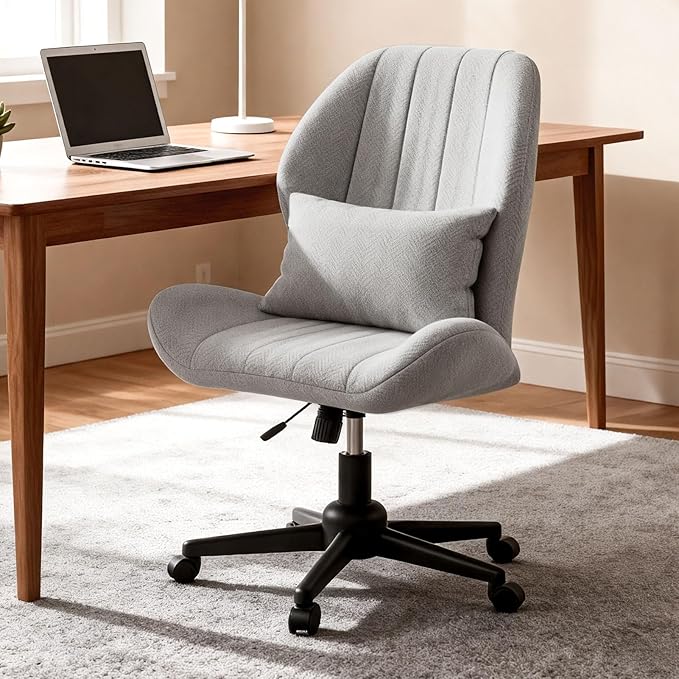 Criss Cross Chair with Wheels, Wide Cross Legged Office Chair Armless Comfy Desk Chair with Tall Back Vanity Chairs with Stress Relief Curved Design Seat for Bedroom & Office & Home Grey