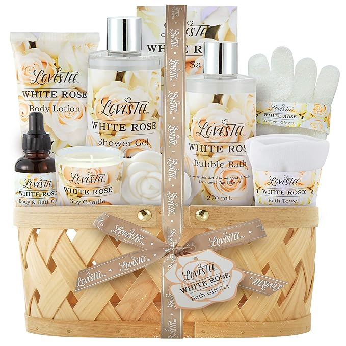 Christmas Gifts Bath & Body Spa Gift Basket for Women, Best Gift for Mother's Day & Birthday, White Rose Set Body Lotion, Shower Gel, Bubble Bath, Bath Salt, Towel, Soap, Oil, Candle, Gloves,