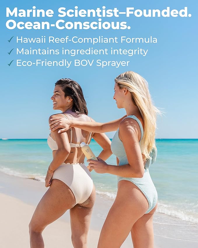 Miami Beach Bum SPF 50 Sunscreen Spray - 6 fl oz Reef Safe Water Resistant Sunscreen Blocked Mineral BOV Spray with Algae, Aloe & Antioxidants - Non Aerosol, Hawaii Reef Compliant, Petroleum Free