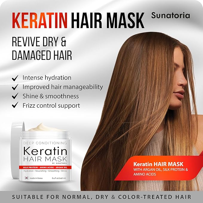 SUNATORIA Korean Keratin Hair Mask for Damaged Hair - Deep Conditioning Treatment with Hydrolyzed Silk, Argan Oil & 8 Amino Acids | Strengthens, Smooths & Nourishes, Sulfate-Free | 8.4 fl oz