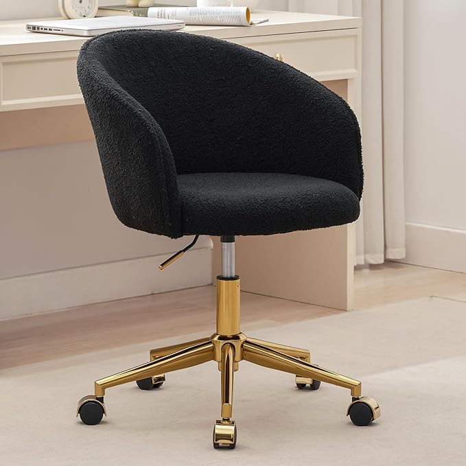 KCC Faux Fur Office Desk Chair, Comfy Fluffy Swivel Modern Leisure Armchair with Wheels, Upholstered Comfy Fuzzy Vanity Makeup Chair Height Adjustable for Teens Women Girls Elegant Home Office